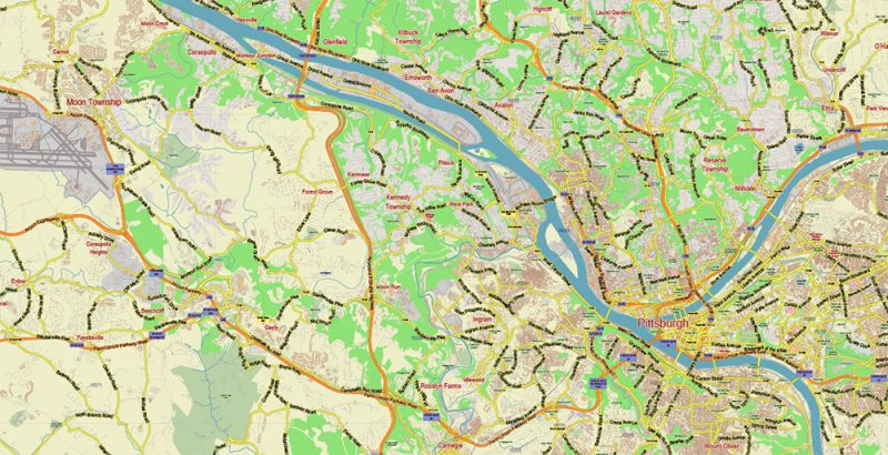 Pittsburgh Pennsylvania Metro Area Map Vector City Plan Low Detailed (for small print size) Street Map editable Adobe Illustrator in layers