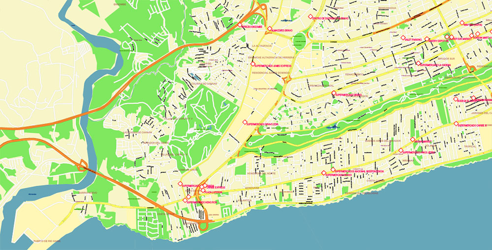 Santo Domingo Dominicana Metro Area DWG + PDF Vector Map Exact City Plan High Detailed Street Map, editable DWG AutoCAD + Adobe PDF in layers