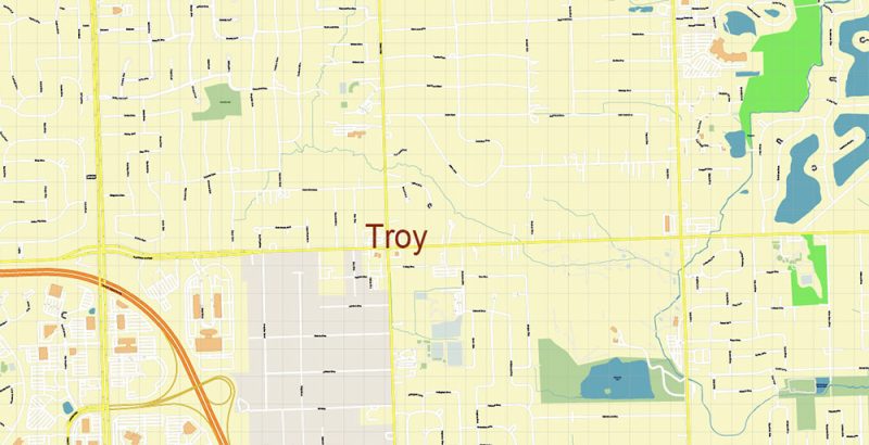 Troy Area, Michigan US Map Vector Accurate High Detailed City Plan editable Adobe Illustrator Street Map in layers