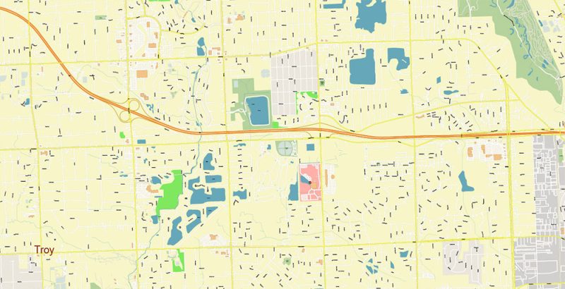 Troy Area, Michigan US Map Vector Accurate High Detailed City Plan editable Adobe Illustrator Street Map in layers