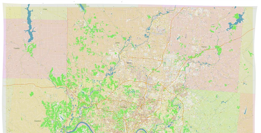 Cincinnati Ohio Metro Area US PDF Vector Map: Accurate High Detailed City Plan + ZIPcodes + Counties editable Adobe PDF Street Map in layers