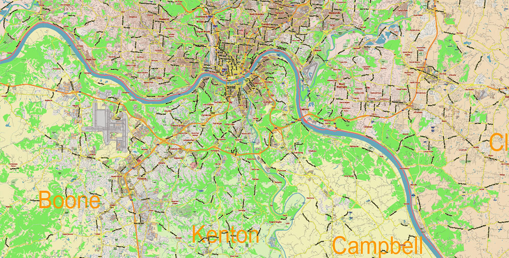 Cincinnati Ohio Metro Area US PDF Vector Map: Exact Low Detailed (for small print size) City Plan + ZIPcodes + Counties editable Adobe PDF Street Map in layers