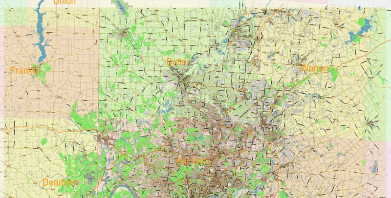 Cincinnati Ohio Metro Area US Map Vector Exact Low Detailed (for small print size) City Plan + ZIPcodes + Counties editable Adobe Illustrator Street Map in layers