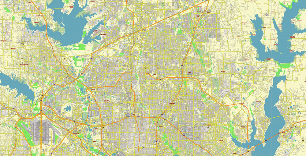 Dallas Texas US Vector Map Free Editable Layered Adobe Illustrator + PDF + SVG