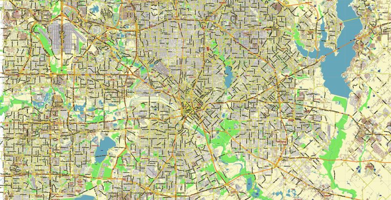 Dallas Texas US Map Vector City Plan Low Detailed (for small print size) Street Map editable Adobe Illustrator in layers