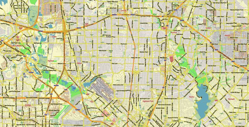 Dallas Texas US Map Vector City Plan Low Detailed (for small print size) Street Map editable Adobe Illustrator in layers