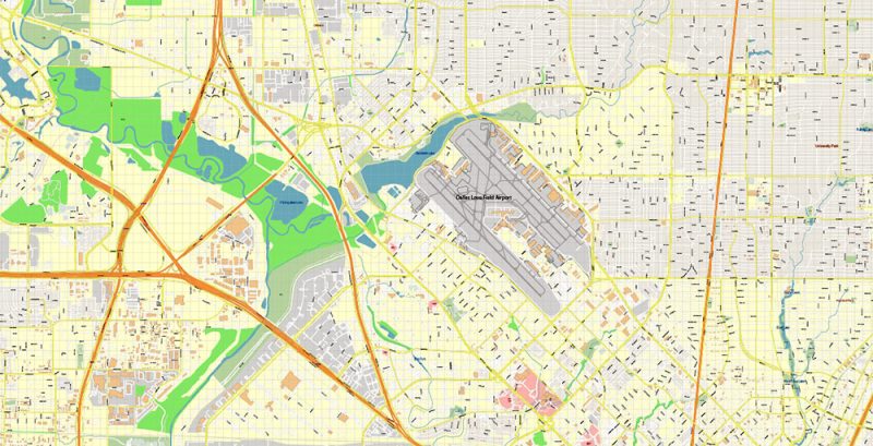 Dallas Texas US Map Vector Metro Area Accurate High Detailed City Plan editable Adobe Illustrator Street Map in layers
