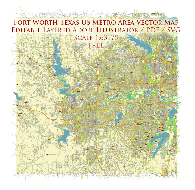 Fort Worth Texas US Vector Map Free Editable Layered Adobe Illustrator + PDF + SVG