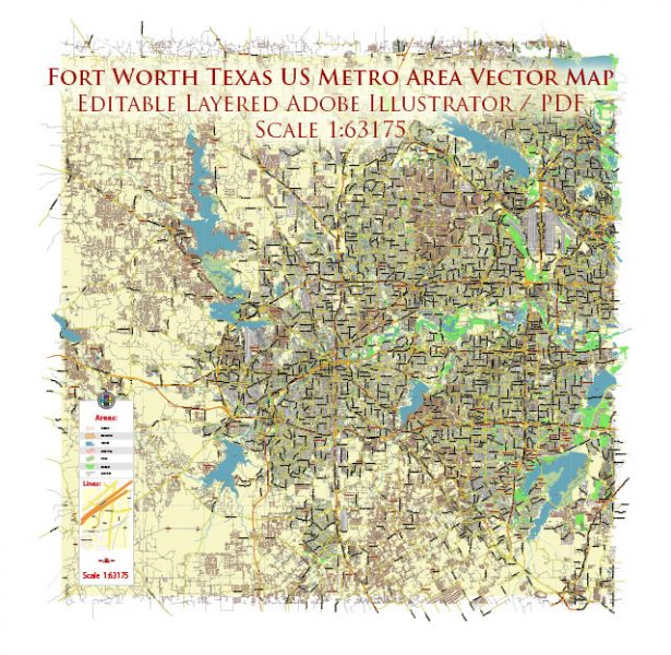 Fort Worth Texas US PDF Vector Map: Metro Area City Plan Low Detailed ...