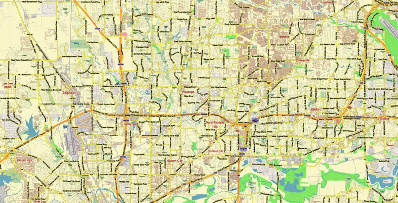 Fort Worth Texas US Map Vector Metro Area City Plan Low Detailed (for small print size) Street Map editable Adobe Illustrator in layers