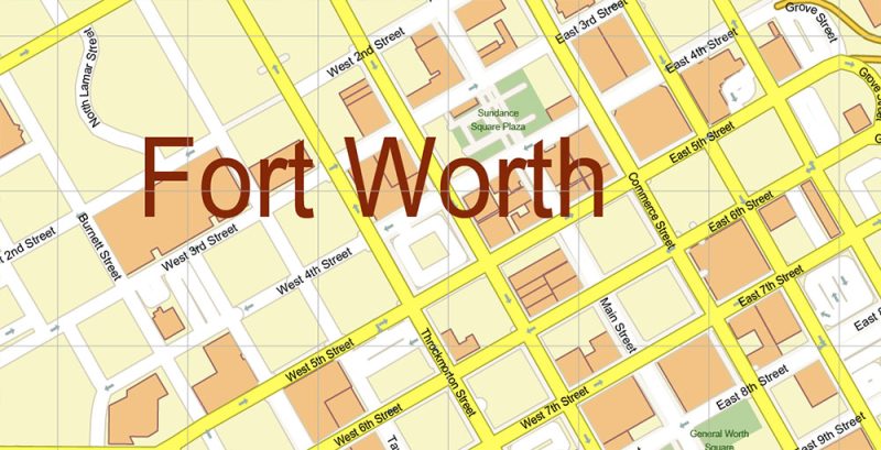 Fort Worth Texas US Map Vector Metro Area Accurate High Detailed City Plan editable Adobe Illustrator Street Map in layers