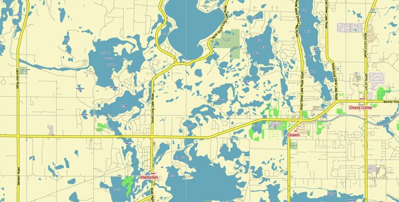 Leelanau County Michigan US Map Vector Exact Low Detailed (for small print size) City Plan editable Adobe Illustrator Street Map in layers