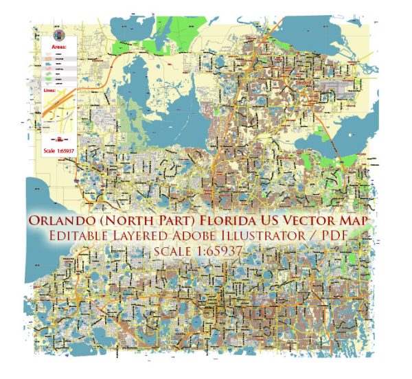 Orlando (North Part) Florida US Map Vector Metro Area Accurate Low Detailed (for small print size) City Plan editable Adobe Illustrator Street Map in layers