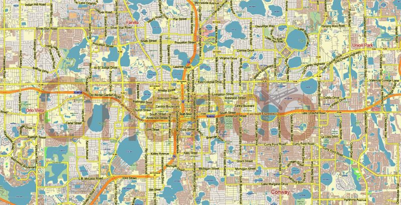 Orlando (North Part) Florida US Map Vector Metro Area Accurate Low Detailed (for small print size) City Plan editable Adobe Illustrator Street Map in layers
