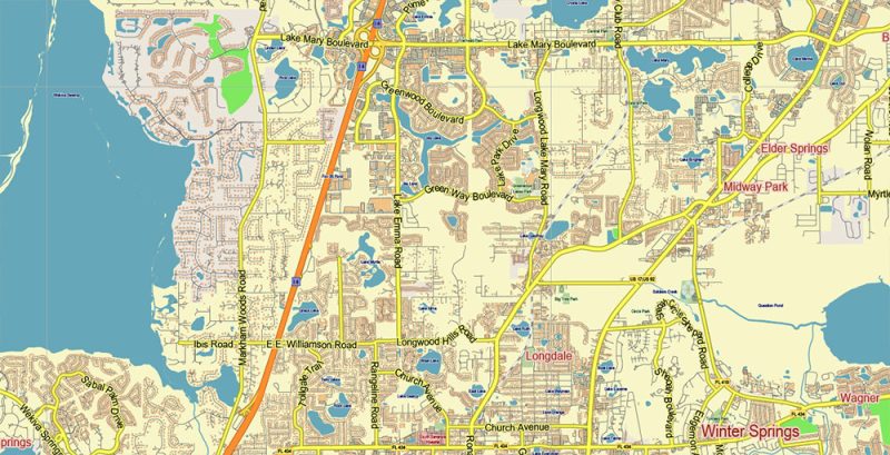Orlando (North Part) Florida US Map Vector Metro Area Accurate Low Detailed (for small print size) City Plan editable Adobe Illustrator Street Map in layers