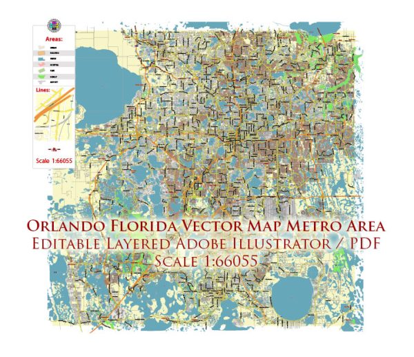 Orlando Florida US Map Vector City Plan Metro Area Low Detailed (for small print size) Street Map editable Adobe Illustrator in layers
