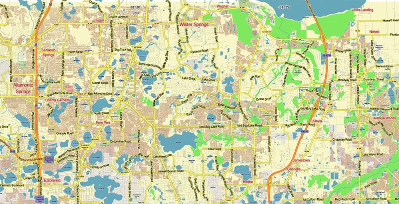 Orlando Florida US Map Vector City Plan Metro Area Low Detailed (for small print size) Street Map editable Adobe Illustrator in layers