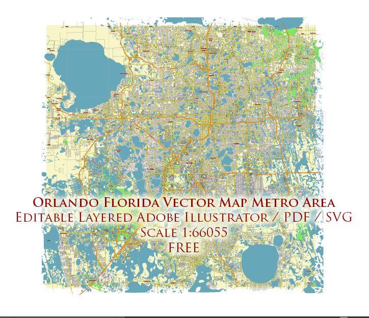 Orlando Florida Metro Area US Vector Map Free Editable Layered Adobe Illustrator + PDF + SVG