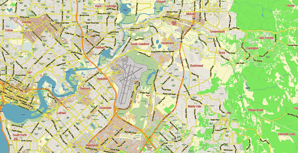Perth Metro Area Australia PDF Vector Map: City Plan Low Detailed (for small print size) Street Map editable Adobe PDF in layers