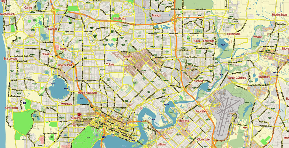 Perth Metro Area Australia PDF Vector Map: City Plan Low Detailed (for small print size) Street Map editable Adobe PDF in layers