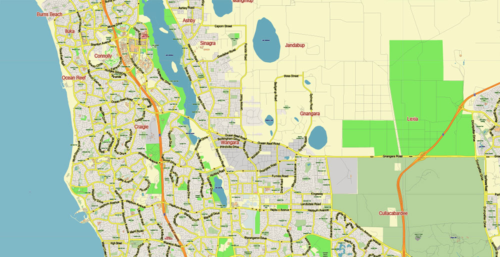 Perth Metro Area Australia Map Vector City Plan Low Detailed (for small print size) Street Map editable Adobe Illustrator in layers