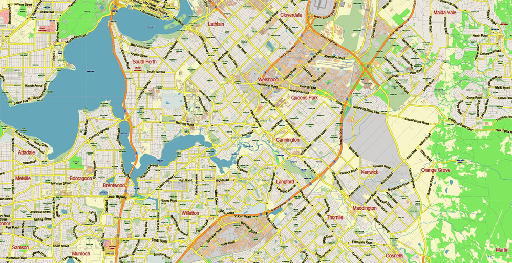 Perth Metro Area Australia Map Vector City Plan Low Detailed (for small print size) Street Map editable Adobe Illustrator in layers