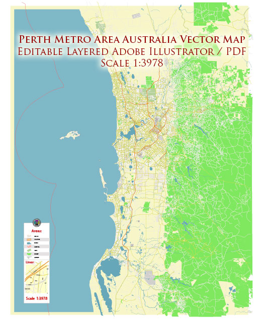 Perth Metro Area Australia PDF Vector Map: Accurate High Detailed City Plan editable Adobe PDF Street Map in layers