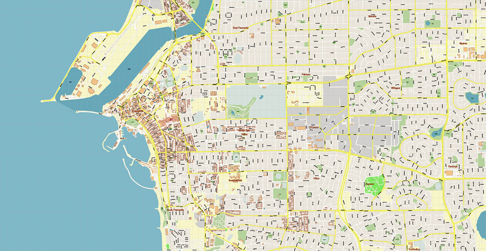 Perth Metro Area Australia PDF Vector Map: Accurate High Detailed City Plan editable Adobe PDF Street Map in layers