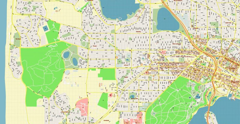 Perth Metro Area Australia Map Vector Accurate High Detailed City Plan editable Adobe Illustrator Street Map in layers