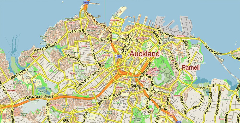 Auckland New Zealand PDF Vector Map Exact Low Detailed City Plan editable Adobe PDF Street Map in layers