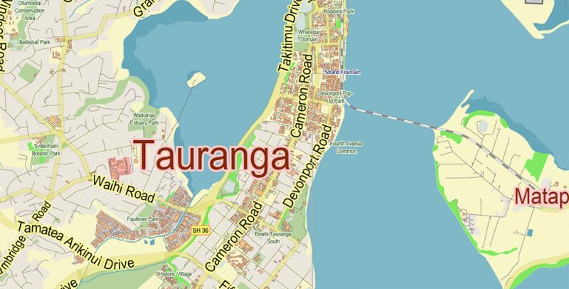 Tauranga New Zealand Map Vector City Plan Low Detailed (for small print size) Street Map editable Adobe Illustrator in layers