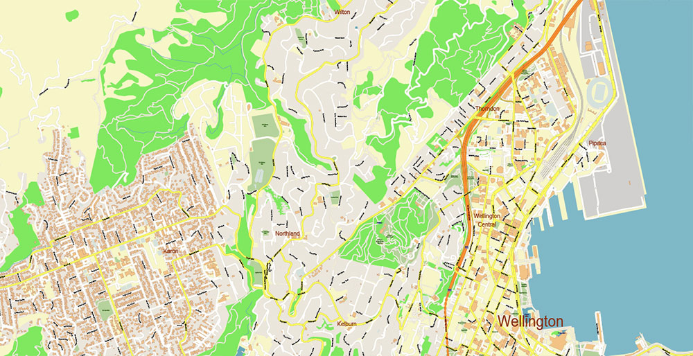 Wellington New Zealand PDF Vector Map: Exact High Detailed City Plan editable Adobe PDF Street Map in layers