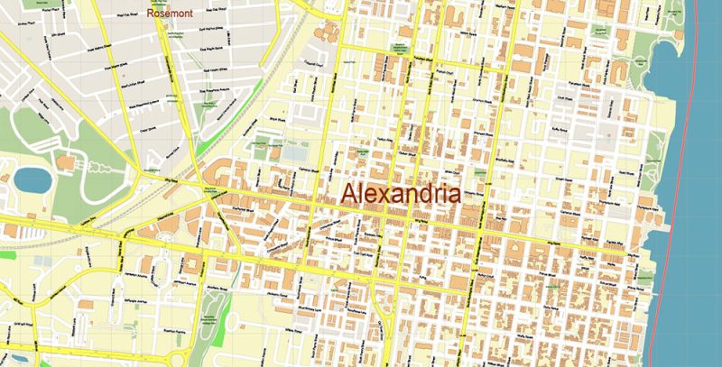 Alexandria Virginia + Washington DC US Map Vector Exact High Detailed City Plan editable Adobe Illustrator Street Map in layers