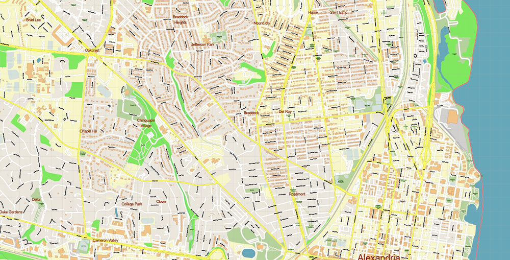 Alexandria Virginia + Washington DC US PDF Vector Map: Exact High Detailed City Plan editable Adobe PDF Street Map in layers