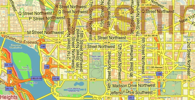 Alexandria Virginia + Washington DC US Map Vector Low Detailed (for small print size) City Plan editable Adobe Illustrator Street Map in layers