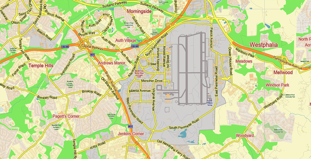 Alexandria Virginia + Washington DC US PDF Vector Map: Low Detailed (for small print size) City Plan editable Adobe PDF Street Map in layers