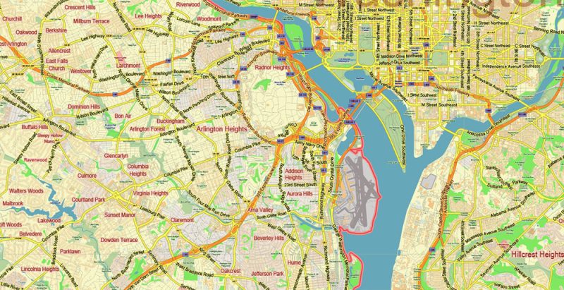 Alexandria Virginia + Washington DC US Map Vector Low Detailed (for small print size) City Plan editable Adobe Illustrator Street Map in layers