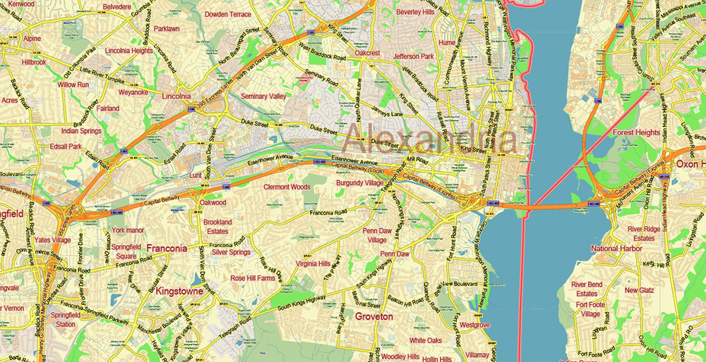 Alexandria Virginia + Washington DC US PDF Vector Map: Low Detailed (for small print size) City Plan editable Adobe PDF Street Map in layers