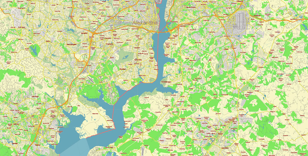Washington DC + Alexandria VA Vector Map Free Editable Layered Adobe Illustrator + PDF + SVG