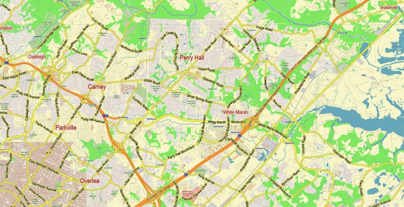 Baltimore Metro Area Maryland US Map Vector City Plan Low Detailed (for small print size) Street Map editable Adobe Illustrator in layers