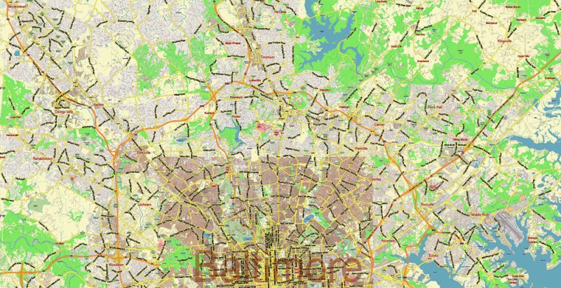 Baltimore Metro Area Maryland US Map Vector City Plan Low Detailed (for small print size) Street Map editable Adobe Illustrator in layers