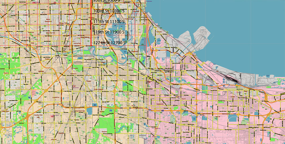 Chicago Illinois Metro Area US PDF Vector Map: Full Extra High Detailed (all roads, railroads and railway stations, airports) + Counties Areas editable Adobe PDF in layers