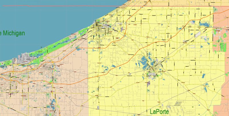 Chicago Illinois Metro Area US Vector Map: Full Extra High Detailed (all roads, railroads and railway stations, airports) + Counties Areas editable Adobe Illustrator in layers