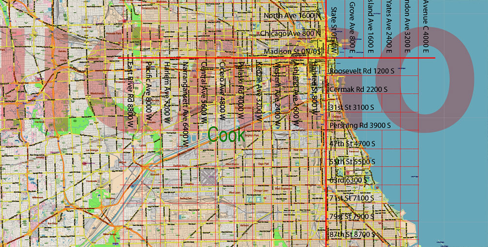 Chicago Illinois Metro Area US Vector Map: Full Extra High Detailed (all roads, railroads and railway stations, airports) + Counties Areas editable Adobe Illustrator in layers