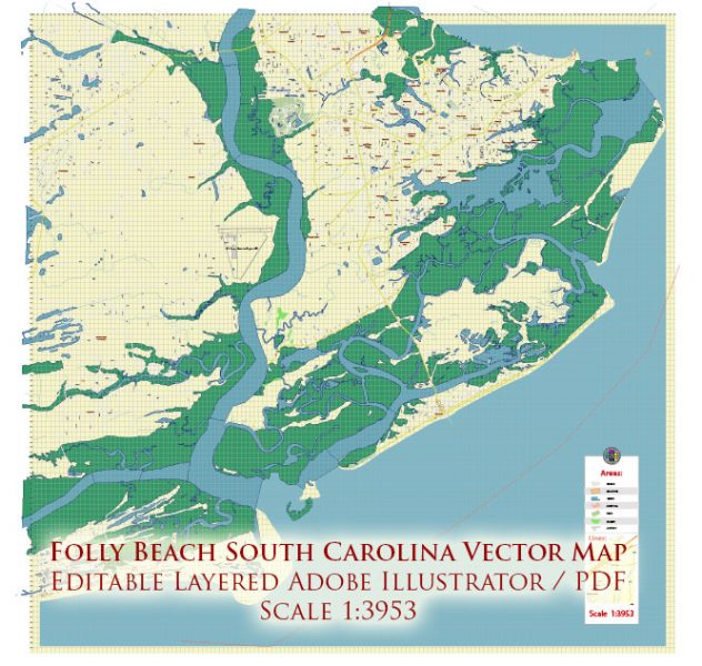 Folly Beach South Carolina US Map Vector Exact High Detailed City Plan editable Adobe