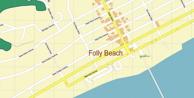 Folly Beach South Carolina US Map Vector Exact High Detailed City Plan