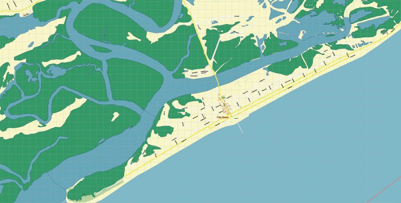 Folly Beach South Carolina US Map Vector Exact High Detailed City Plan editable Adobe Illustrator Street Map in layers