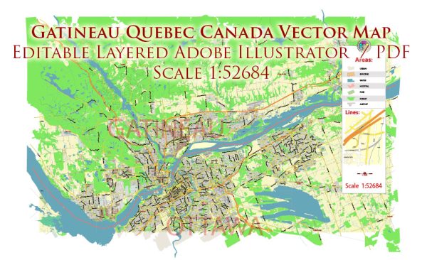 Gatineau Quebec Canada Map Vector City Plan Low Detailed (for small print size) Street Map editable Adobe Illustrator in layers