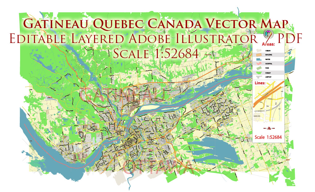 Gatineau Quebec Canada PDF Vector Map: City Plan Low Detailed (for small print size) Street Map editable Adobe PDF in layers