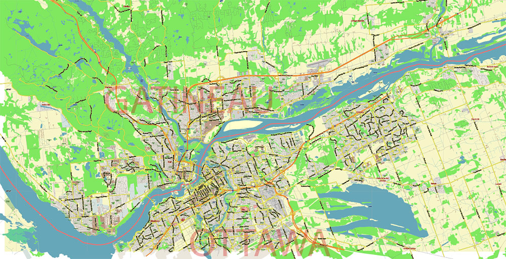 Gatineau Quebec Canada PDF Vector Map: City Plan Low Detailed (for small print size) Street Map editable Adobe PDF in layers